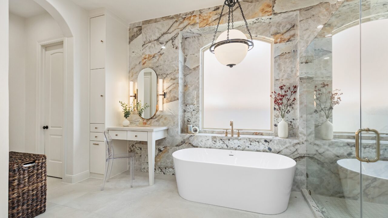 Cedar Marble master bath design by studio fain