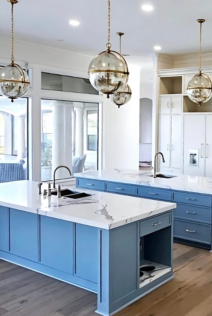 Blue Kitchen with stunning globe lighting